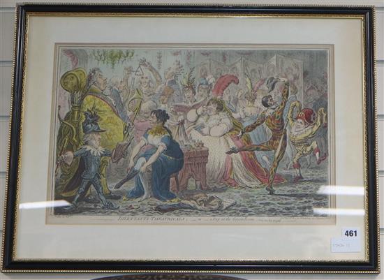 After James Gillray, colour engraving, Dilettanti-Theatricals, 32 x 49cm